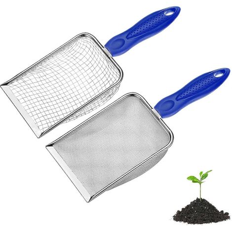Tamis à terre jardin METERXITY lot de 2, maille 5/28 mm acier inoxydable, poignée antidérapant, pour sable terre cailloux compost blanc bleu (1/5)