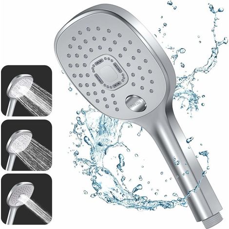 Pommeau Douche, 3 Types de Jets avec Poignée Durable et Buse en Silicone Respectueuse de l'environnement, Grand Pommeau de Douche Argenté (Pommeau de Douche sans Tuyau) (1/5)