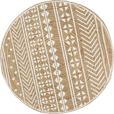 Tapis en jute fait main avec motif blanc, 120 cm