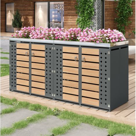 Cache-poubelles 4 compartiments avec bac à plantes, acier galvanisé gris et bois HAVRYA (1/5)