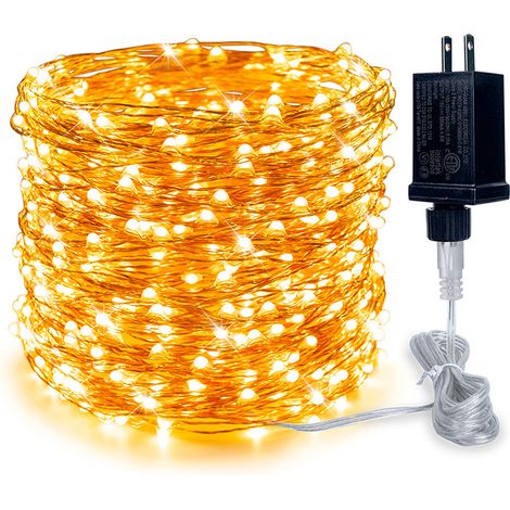 Guirlande lumineuse de 20 m, 200 LED en fil de cuivre, prise transformateur (toujours allumée), blanc chaud, convient pour la décoration intérieure et extérieure, jardin, Noël, anniversaire, mariage, 