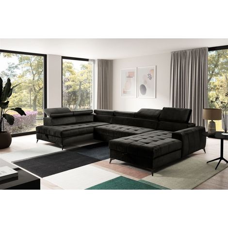 Wohnlandschaft Schlafsofa AGNESA Stoff Salvador Schwarz Ottomane Rechts (1/5)