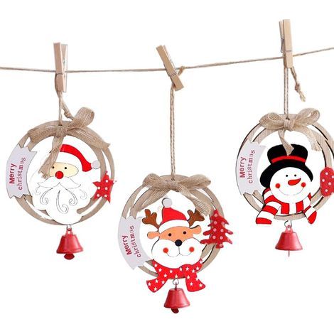 Lot de 3 décorations de Noël en bois faites à la main : Père Noël, renne, bonhomme de neige et clochettes. Décorations à suspendre pour le sapin. (1/5)
