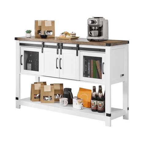 Meuble de bar à café, 120 x 39,8 x 83 cm, armoire de bar à café avec rangement à 4 niveaux, table basse avec portes de grange, buffet pour salle à manger, cuisine, entrée, salon, marron et blanc (1/3)