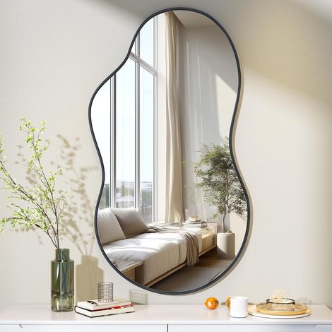 Miroir Mural irrégulier, Miroir asymétrique, 66 x 116 cm, Miroir décoratif pour Chambre, Salle de Bain, Salon, entrée. Décoration Murale Moderne, Cadre Noir (1/5)
