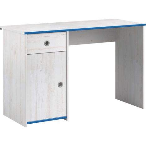 Bureau 1 porte 1 tiroir aspect bois blanchi avec chants bleus en façade - MISYLIA (1/5)