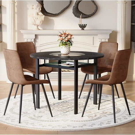 Set da pranzo rotondo in MDF nero effetto legno e metallo nero, 4 posti, stile minimalista con vetro e ripiano (1/5)