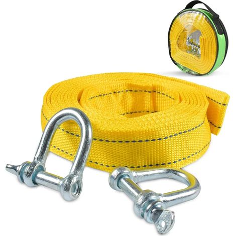 Sangle de Remorquage Voiture 4 Mètres - Résistance 5 Tonnes (11.000 LB) - Corde de Remorquage d'Urgence avec 2 Crochets en U Sécurisés et Sac de Transport - Bandes Réfléchissantes pour Sécurit (1/5)