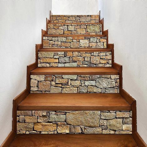 Lot de 6 autocollants adhésifs 3D effet pierre pour contremarches d'escalier, à monter soi-même. (1/4)