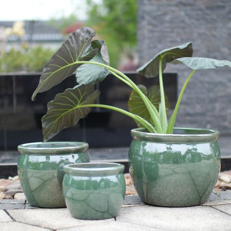 Vaso da fiori in ceramica Ø 37 cm, fatto a mano, blu-verde anticato lucido HAVRYA (1/5)