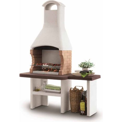 Palazzetti Jesolo 2 Masonry Barbeque with Side Table - Concrete/Stainless Steel - L71 x W160 x H238 cm - White/Brown