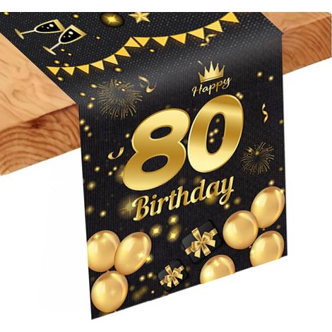 Chemin de table - En lin - Décoration de fête - Noir et doré - Pour 80 ans - Pour anniversaire de 80 ans - Garçons et filles - 186 x 34 cm (1/5)