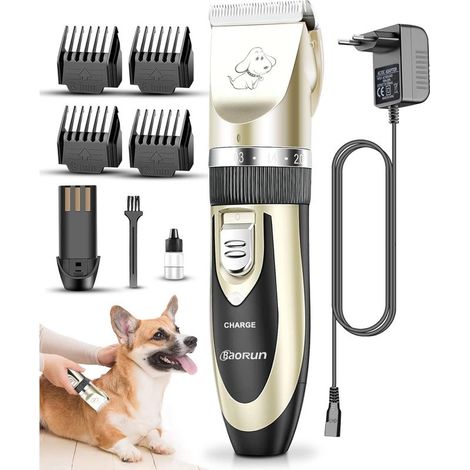 Tierhaarschneidemaschine, professionelle elektrische Haarschneidemaschine für Hunde und Katzen, wiederaufladbar und kabellos, mit 4 Zubehörteilen (Gold) (1/5)