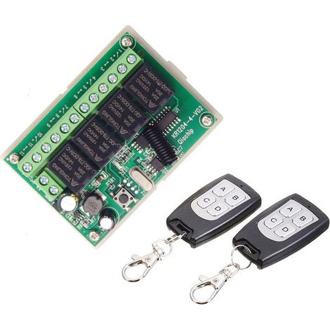 Funkfernbedienung (433 MHz), 12 V DC, 4 Kanäle, Funkrelais mit großer Reichweite, 2 Sender + 1 Empfänger für Garagentor (1/2)