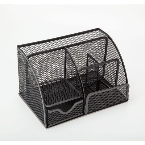 Organiseur de bureau noir avec tiroir et 6 compartiments en filet métallique – Boîte à stylos, rangement pour crayons, blocs-notes, trombones et agrafeuses – Design compact et gain de place (1/5)