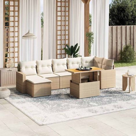 Ensemble Salon Jardin 8 Places Résine Tressée Beige avec Coussins - Table Réglable Hauteur, Modulaire et Confortable (1/3)