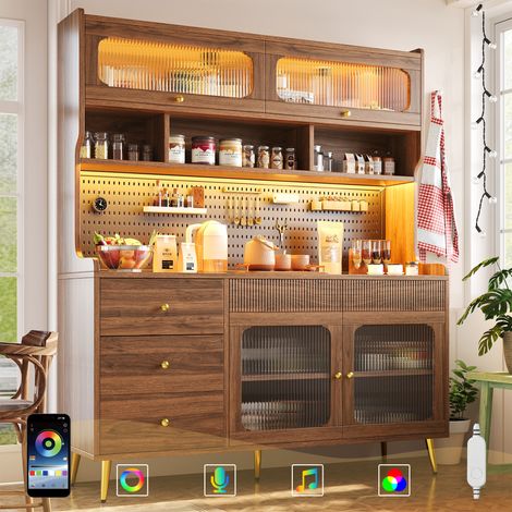 URBAN MEUBLE Vaisselier de cuisine effet noyer verre cannelé 2 portes relevable avec LED 145x39x171cm (1/5)