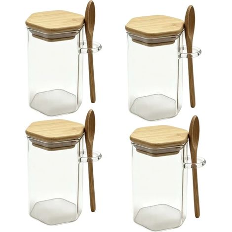 (320 ml - 4 bouteilles) Bocaux hexagonaux en verre pour condiments, récipients de conservation des aliments hermétiques, avec couvercles en bambou et cuillères en bois. (1/5)