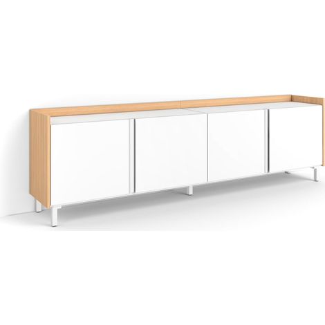 Skraut Home - Meuble TV, Banc Télé, Grand espace de Rangement, 207x35x61cm, Pour les TV jusqu'à 80", Design industriel, Style moderne, Blanc et Chêne Soft (1/5)