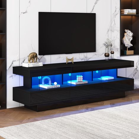 Mobile TV nero lucido 160L x 38W x 50,5H cm con illuminazione a LED, 3 ripiani in vetro, connettività Bluetooth, supporto TV per TV da 70"