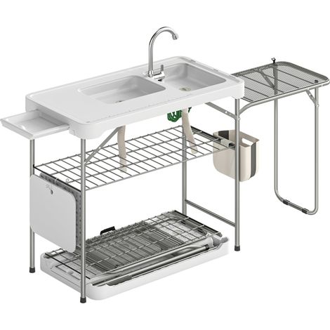 Mesa portátil plegable para limpiar pescado con 2 fregaderos, grifo, manguera, estante lateral, cesta y ranuras, color blanco