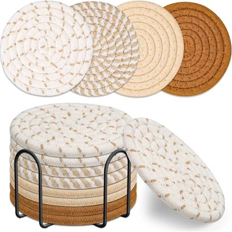 Lot de 8 sous-verres tissés en coton, tons kaki, set assorti pour table et boissons (1/4)