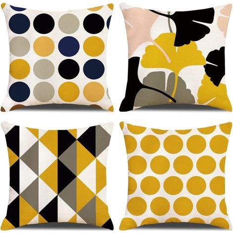 Fundas de cojín, juego de 4 fundas de almohada decorativas de algodón para sofá, dormitorio y hogar, 45 x 45 cm (estampado geométrico amarillo) (1/5)