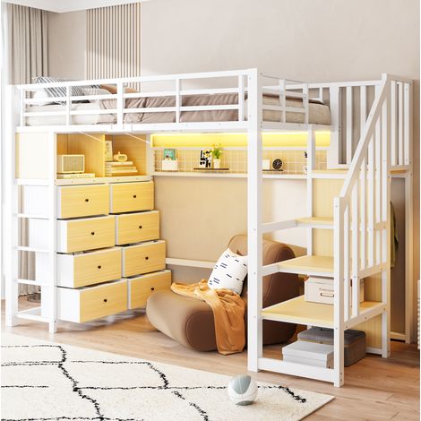 Letto a soppalco 90/200 cm bianco in metallo con 8 cassetti, LED e armadio integrato (1/5)