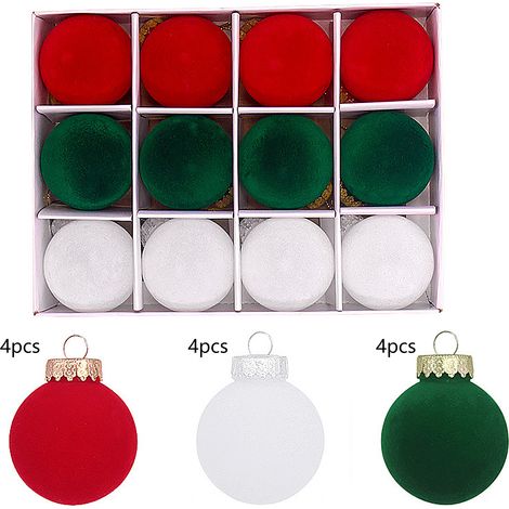 12 samtene Weihnachtskugeln, 6 cm Durchmesser, beflockt, zum Aufhängen am Weihnachtsbaum, für Feiertage, Geburtstage, Hochzeiten, rot, grün, weiß (1/3)