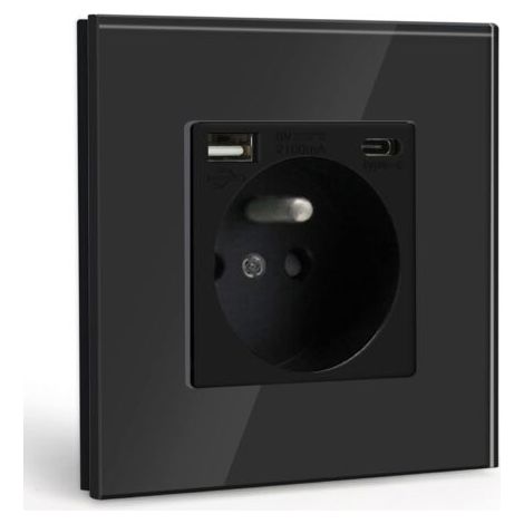 Multiprise Murale Max 2.1A avec USB et 1 Prise avec Type C,16A Prise de Courant Alternatif avec Panneau en Verre,Convient au Smartphone, à la Tablette (Noir) (1/3)