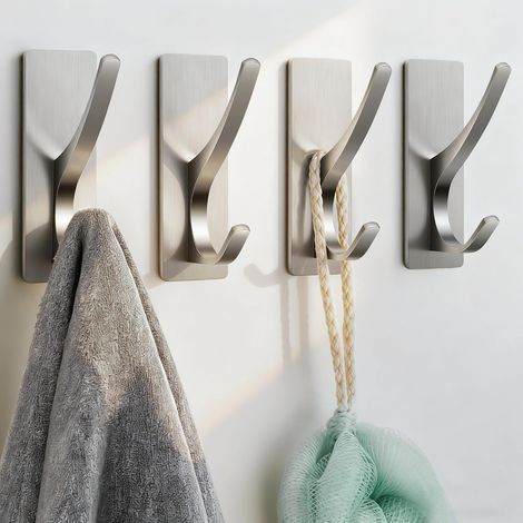 Selbstklebende Handtuchhaken: Robuste (6 kg), Edelstahlhaken zum Aufhängen von Schwämmen, Handtüchern, Jacken, Bademänteln, für Bad/Dusche, Oberfläche aus gebürstetem Nickel, 4er-Set (1/5)
