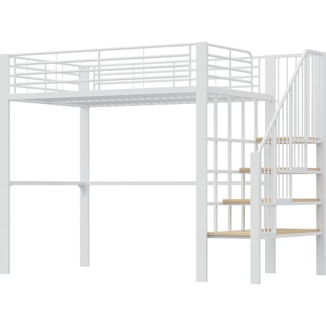 Lit mezzanine 140x200 cm, structure en métal robuste, rangement spacieux sous le lit avec escalier, parfait pour enfant et adulte, lit avec tiroirs optimisant l'espace. (1/5)