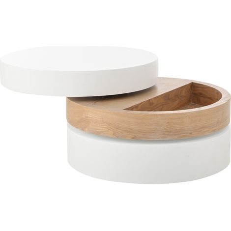 Tavolino cilindrico girevole 60 x 60 x 35,1 cm, bianco e legno naturale, con vano nascosto (1/5)