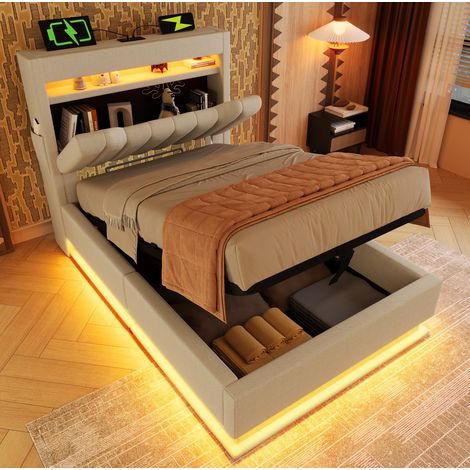 MEUBLIV Letto 90x200 cm beige – testiera USB, LED e contenitore, senza materasso (1/5)