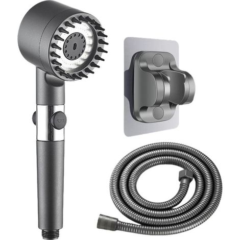 Cabezal de ducha portátil con manguera plateada de 1,5 metros y soporte, 3 modos de pulverización para ducharse y enjuagarse (gris, 1 unidad). (1/5)