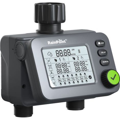 RAINPOINT Ordinateur d'irrigation 2 sorties avec entrée et sortie, minuterie de jardin programmable avec retard de pluie, système d'arrosage numérique automatique étanche (1/4)