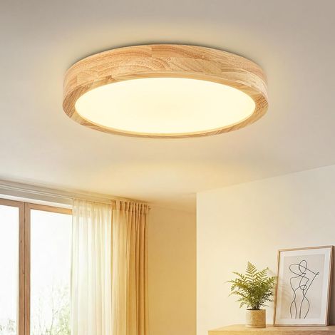 Plafonnier LED Bois Naturel Design Nordique ∅30cm, Blanc Chaud (1/5)