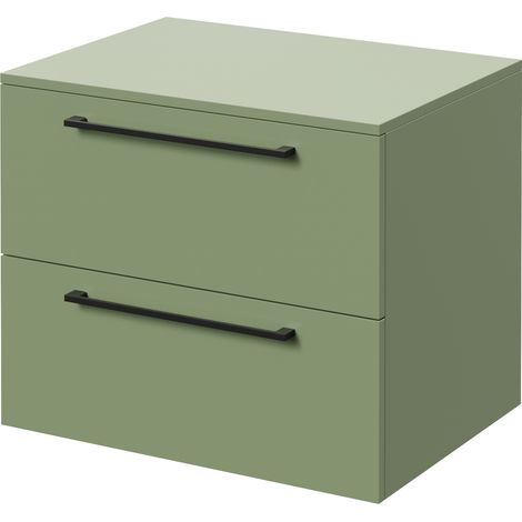 Napoli 460 Olive Green 600mm Wall Mounted 2 Drawer Vanity Unit for Countertop Basins - 600mm - Matt Black 320mm Handle