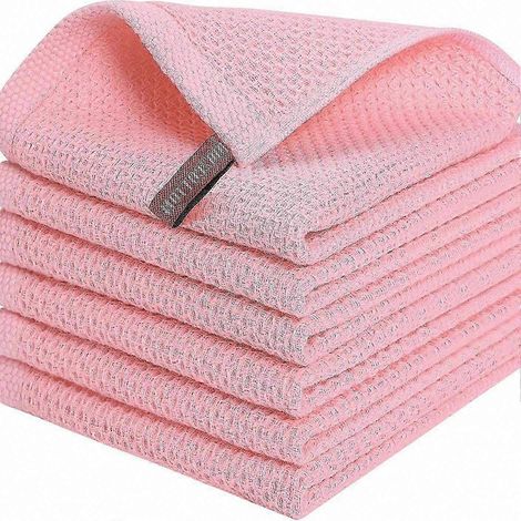 Lot de 6 torchons gaufrés 34 x 34 cm à absorption rapide avec boucle de suspension - Rose clair (1/5)