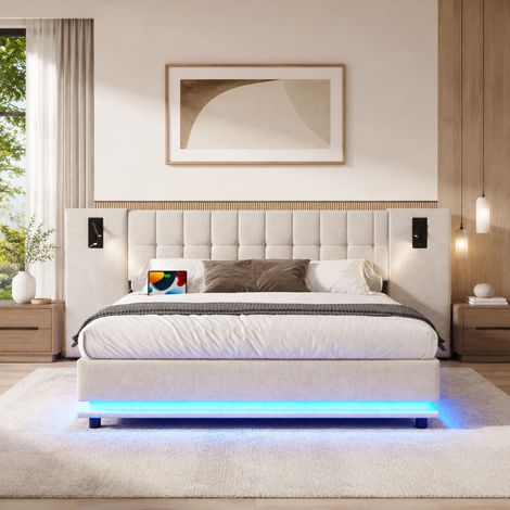 Letto 180x200 in lino con LED, luce da lettura e USB, beige DESVIAE (1/5)