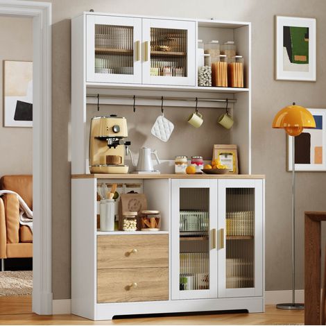 Armoire de cuisine haute 110 cm avec LED RGB, prises et USB, vitrine 4 portes en verre trempé, meuble bar à café et range-bouteilles, blanc et bois clair - CHICFURN (1/5)