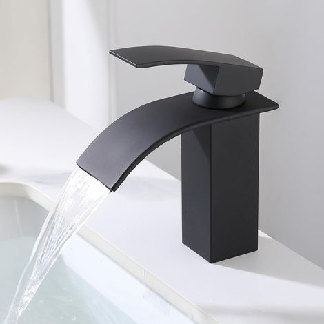Robinet de salle de bain style cascade – Mitigeur eau chaude/eau froide monotrou moderne – Bec courbé – Profil bas – Noir : 17 x 6 x 20,5 cm (1/5)
