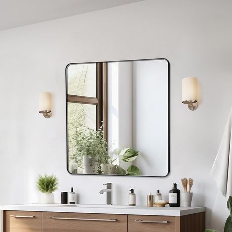 Installation horizontale ou verticale, miroir salle de bain 91,5 x 91,5 cm pour maquillage, cadre noir en aluminium (1/5)