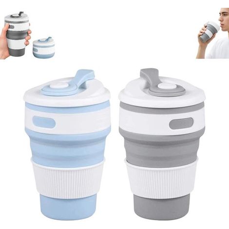 Lot de 2 tasses à café pliables - Couleur claire - bleu - tasse de voyage en silicone - tasse étanche - gobelet portable - tasse de camping - compatible lave-vaisselle, 350 ml - tasse de voyage idéale (1/5)