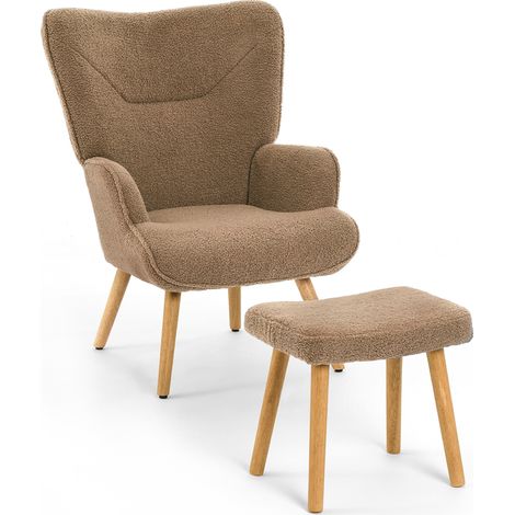 GOEURVANT - Ergonomic Armchair with Footstool - Brown - Teddy Fabric - High Wingback Design & Wooden Legs