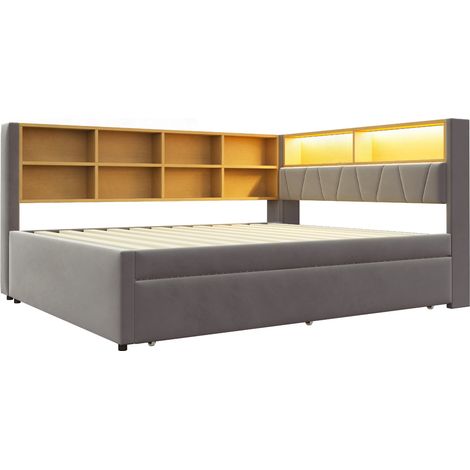 Letto giorno multifunzione 140 x 200 cm con letto estraibile 90 x 190 cm, LED, prese, grigio scuro (1/5)