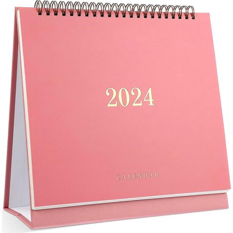 Calendrier de bureau mensuel en papier épais (rose), janvier 2024 - juin 2025, avec blocs-notes. (1/3)