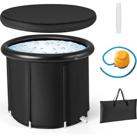 COSTWAY Bain Froid Portable, Baignoire Portable Pliable pour Récupération, Tonneau Gonflable avec Sac de Transport, Intérieur/Extérieur, Housse Anti-poussière, Bain Glacé, Noir (1/5)
