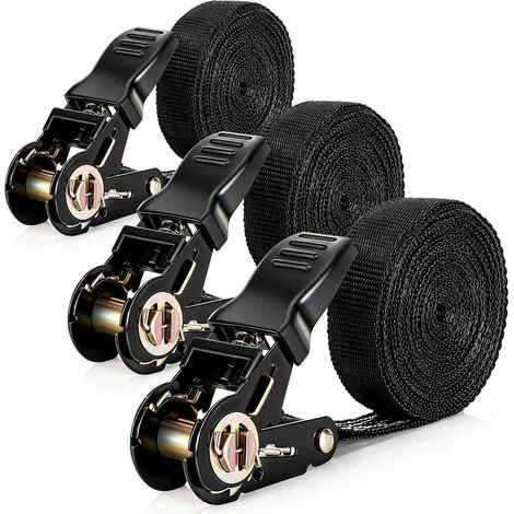 Sangles d'arrimage avec cliquet 3 pièces, 6m, 25mm, capacité de charge 800kg, Noir