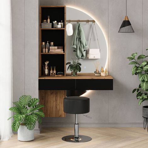 Coiffeuse Melora, Chêne/noir, 100cm avec miroir LED et tabouret, Vicco (1/5)